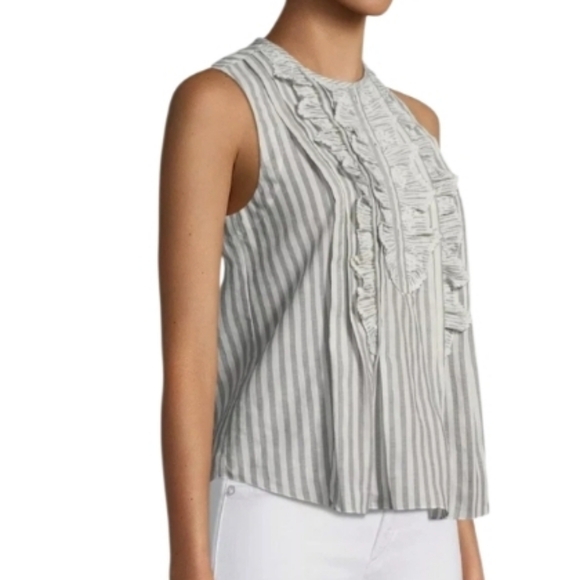 Rebecca Taylor Sleevless Gray and White Ruffle Striped Eyelet Bib Blouse - Picture 3 of 11